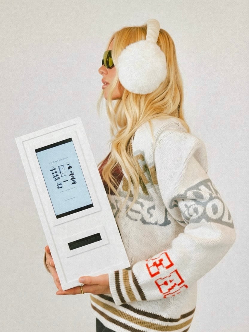 A person carrying the Receipt Booth by hand